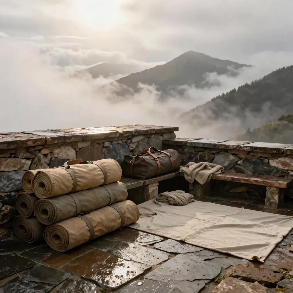 Terraza de refugio de montaña tras la tormenta, con esterillas y mochilas bajo nubes en la sierra.