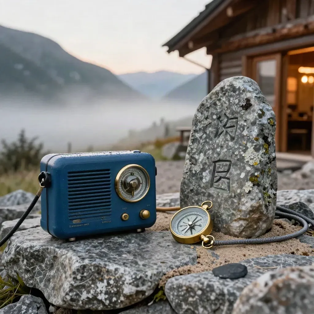 Radio de montaña, brújula y piedras guía en un cruce de senderos con niebla.