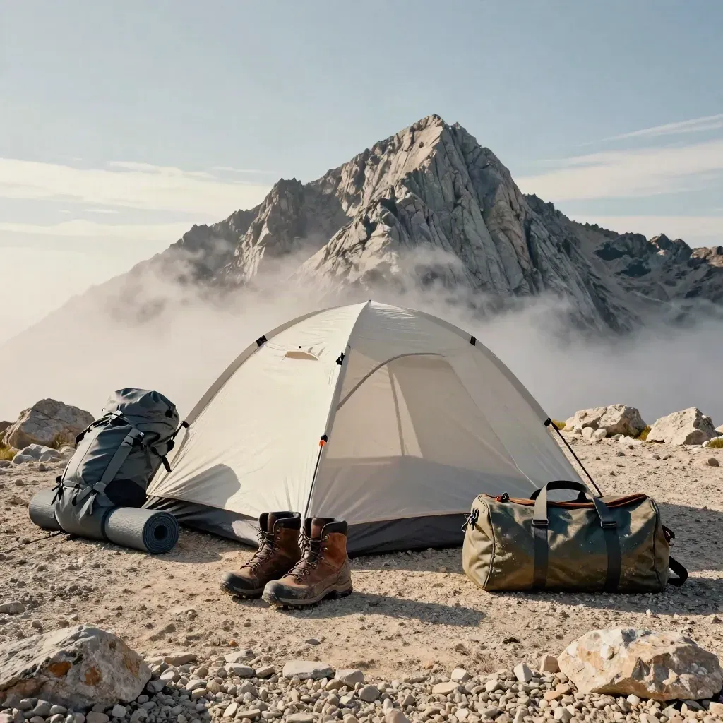 Equipo de trekking junto a una tienda bajo un pico abrupto con nubes en movimiento.