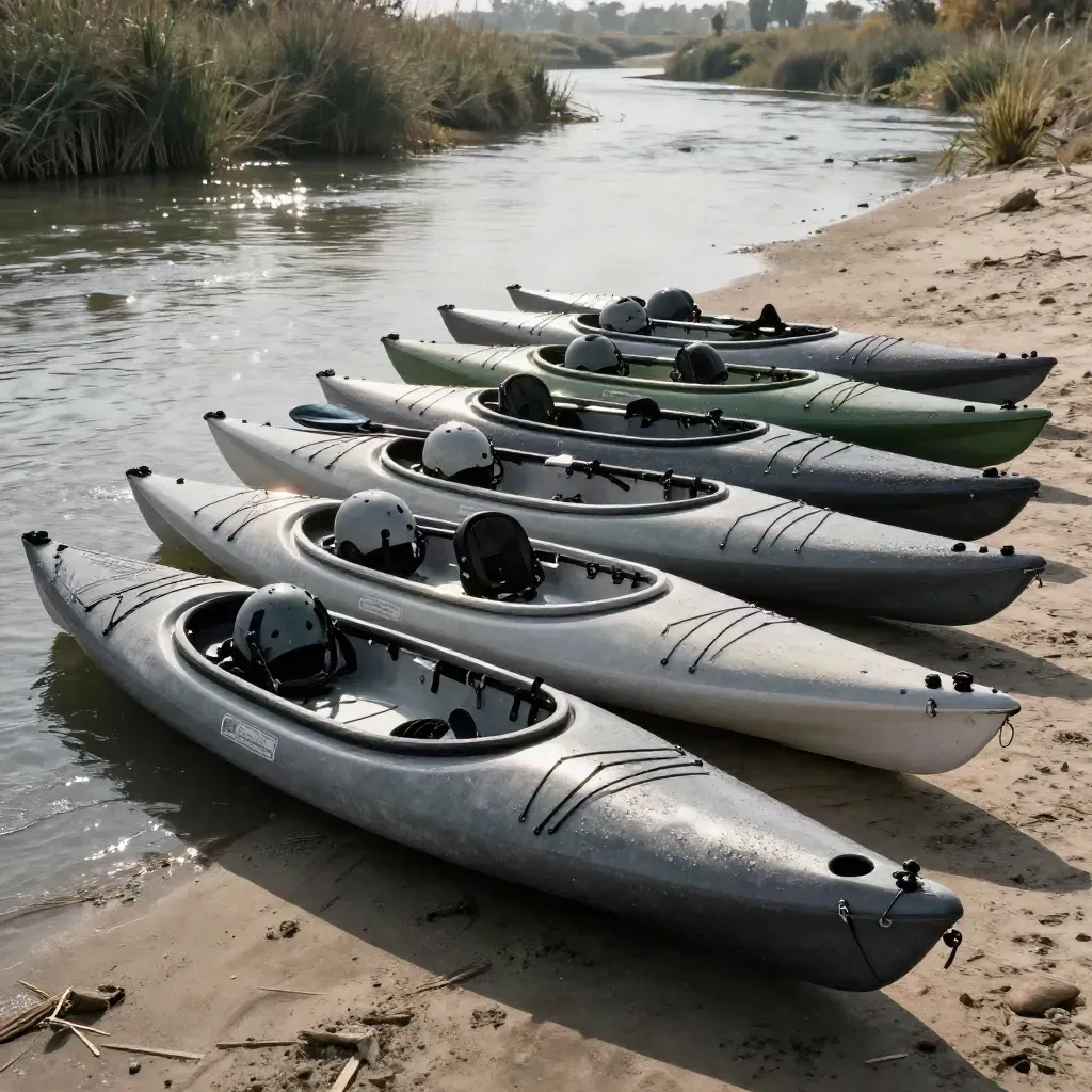 Doce kayaks alineados en la grava del Ebro, con cascos listos para salir.