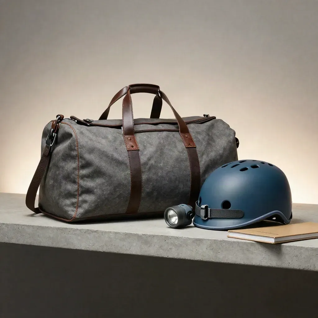 Bolsa de viaje, casco y frontal sobre una repisa de piedra con carpeta cerrada.